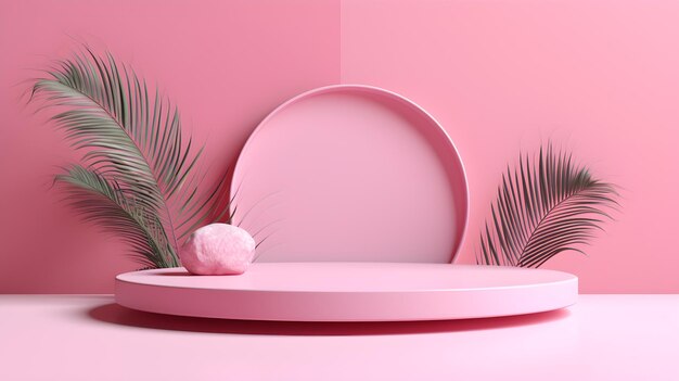 Photo of Pink background with geometric platform and pink leafy plant