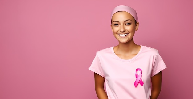 Photo of pink badge ribbon on woman chest to support breast cancer cause isolated pink background