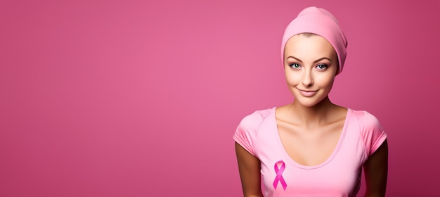 Photo of pink badge ribbon on woman chest to support breast cancer cause isolated pink background