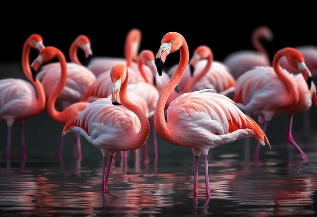 Photo of pink color flamingos at nature forest lake water