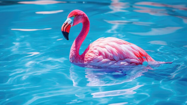 A photo of a pink flamingo pool float crystal clear pool water