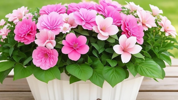 Photo a pink flowerpot full of pink and white artificial flowers