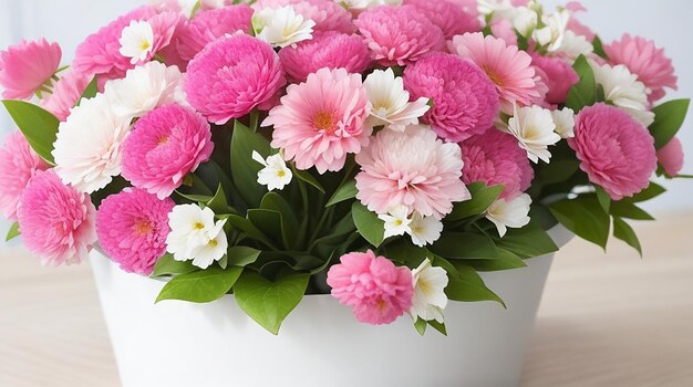 Photo a pink flowerpot full of pink and white artificial flowers