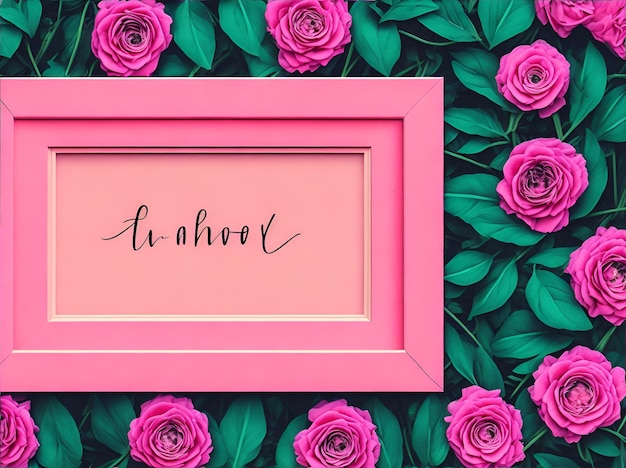 Photo of a pink frame surrounded by pink roses