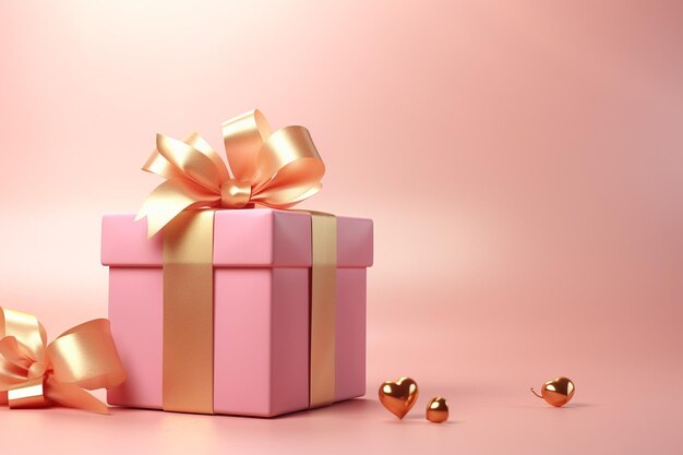 Фото розовая подарочная коробка с золотой лентой и сердцем романтический баннер любовь концепция на розовой спине