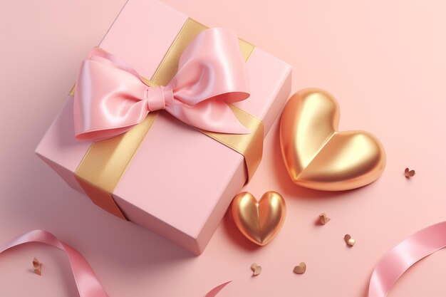 Фото розовая подарочная коробка с золотой лентой и сердцем романтический баннер любовь концепция на розовом фоне
