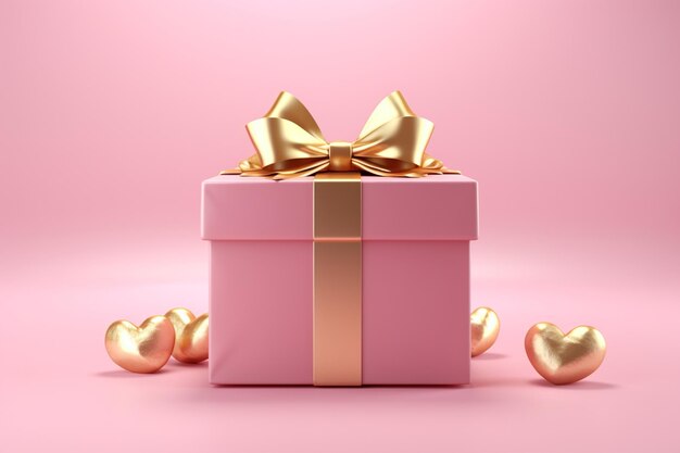 Фото розовая подарочная коробка с золотой лентой и сердцем романтический баннер любовь концепция на розовом фоне