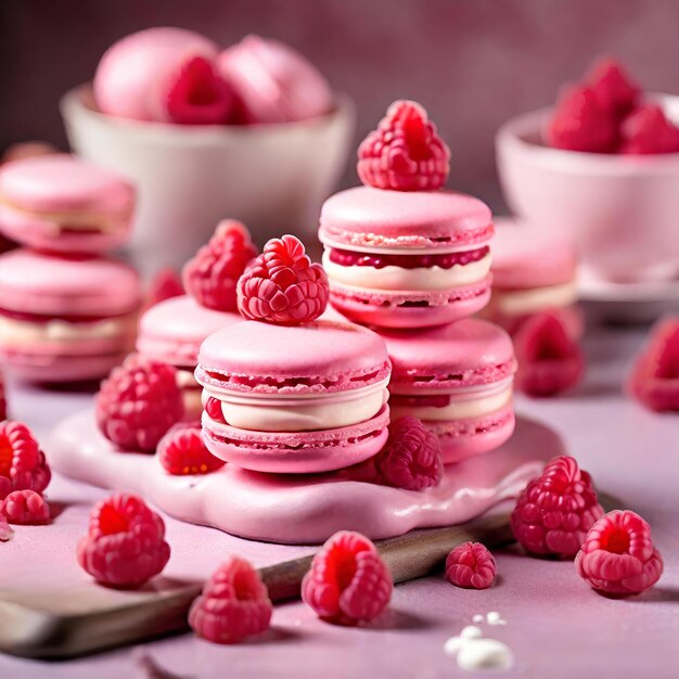 Photo pink macaroons or macaron with cream and raspberries french dessert or cake