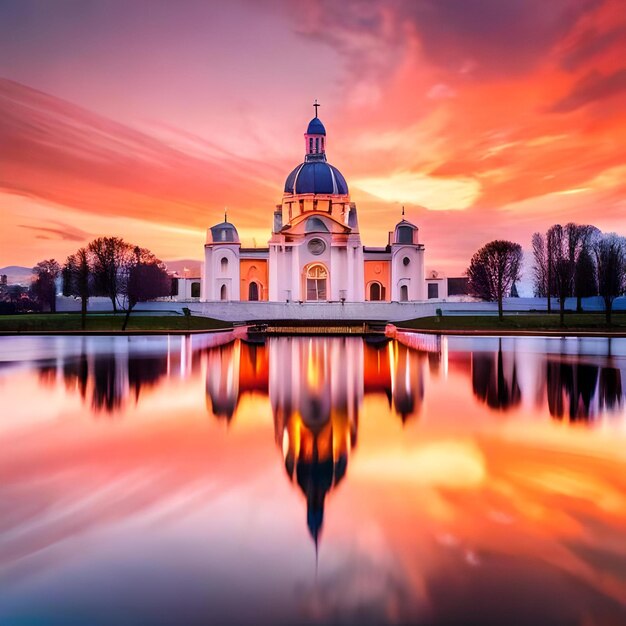 Photo a pink and orange background with a church and clouds ai generated