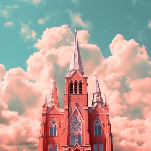 ピンクとオレンジの背景に教会と雲の写真を撮る