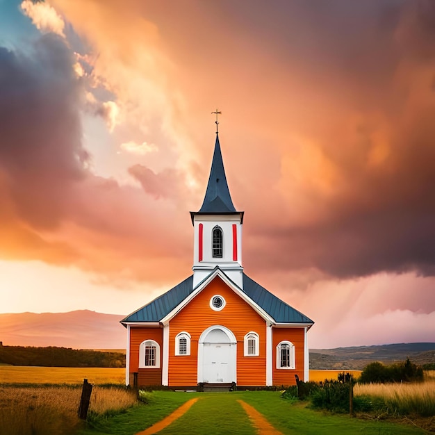 Photo a pink and orange background with a church and clouds