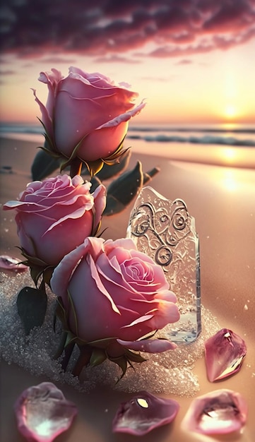 Una foto di rose rosa sulla spiaggia