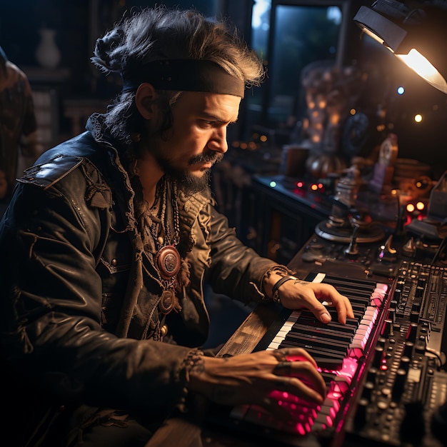 photo of a pirate dj producer creating music in his studio with real gears