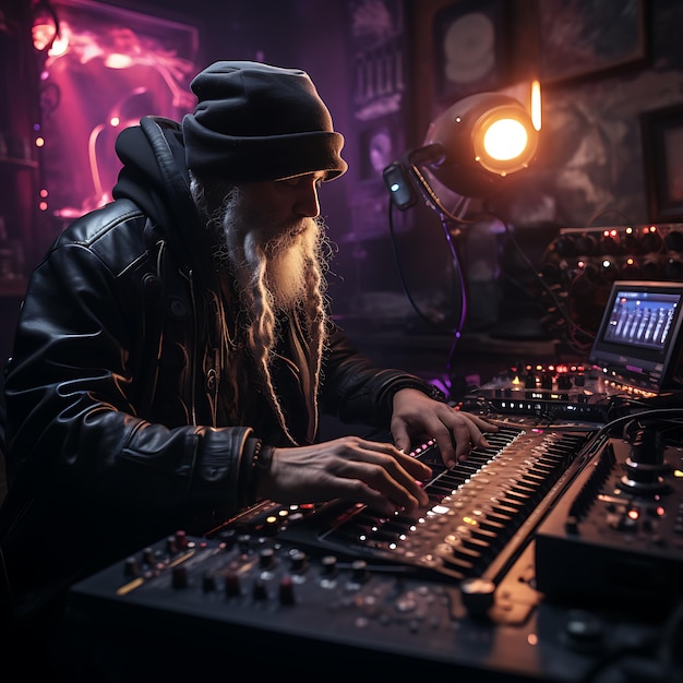 photo of a pirate dj producer creating music in his studio with real gears