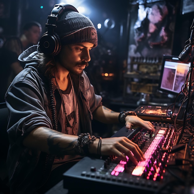 фото пиратского диджея, создающего музыку в своей студии с настоящими шестернями