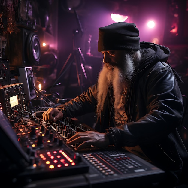 本物の機材を使ってスタジオで音楽を制作している海賊 DJ プロデューサーの写真