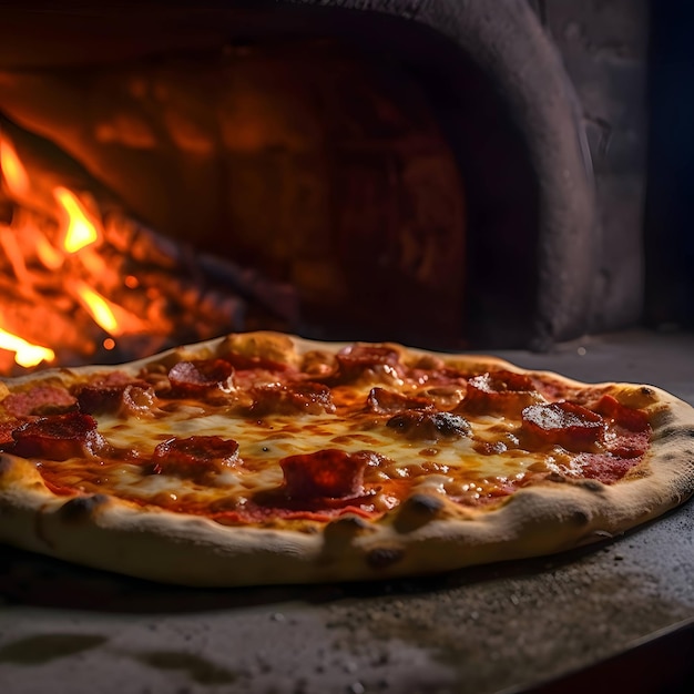 Photo of a pizza lying on the oven with the fire from the oven in the background