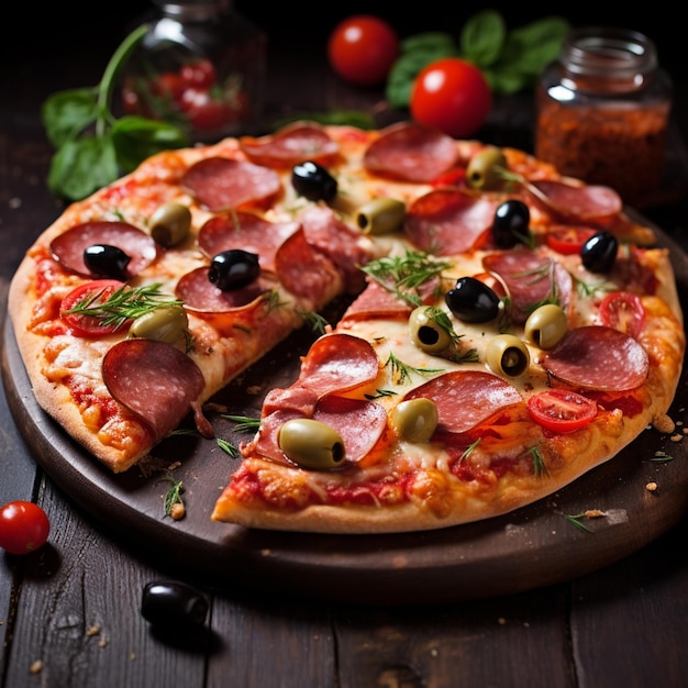 photo pizza pizza filled with tomatoes salami and olives