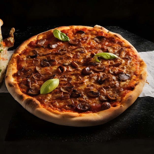 黒い背景のキノコで覆われたピザの写真