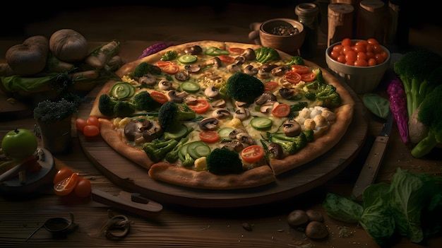 Photo of pizza on a wooden board and table side view black background