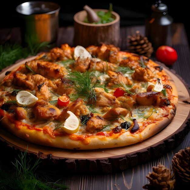 Photo of pizza on a wooden board and table side view black background