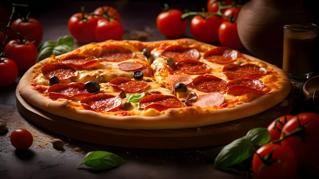 Photo of pizza on a wooden board and table side view black background
