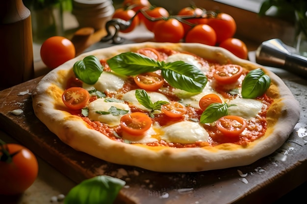 Photo of pizza on a wooden board and table side view