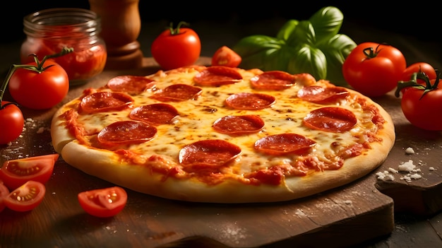 Photo of pizza on a wooden board and table side view