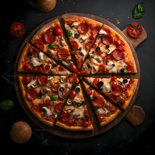 Photo of pizza on wooden board and table top view