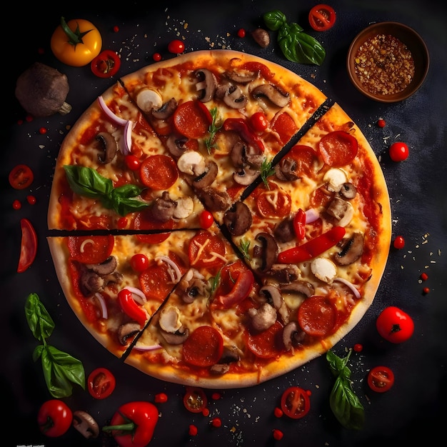 Photo of pizza on wooden board and table top view