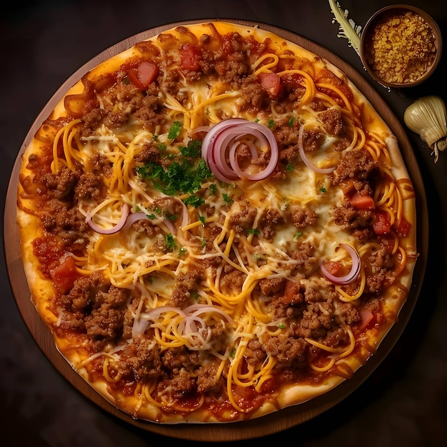 Photo of pizza on wooden board and table top view