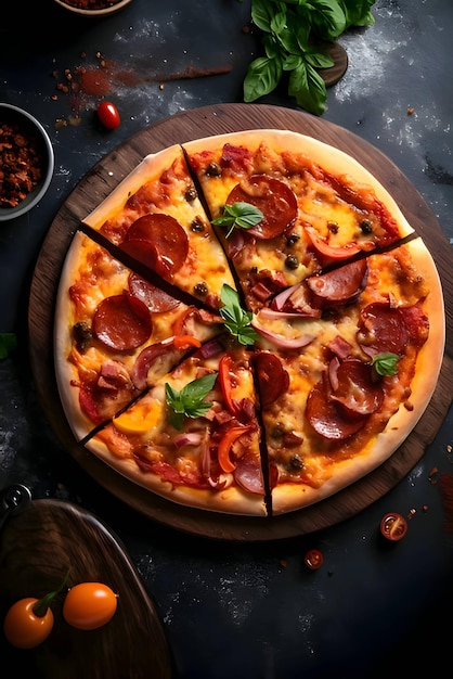 Photo of pizza on wooden board and table top view