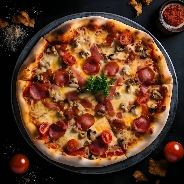 Photo of pizza on wooden board and table top view