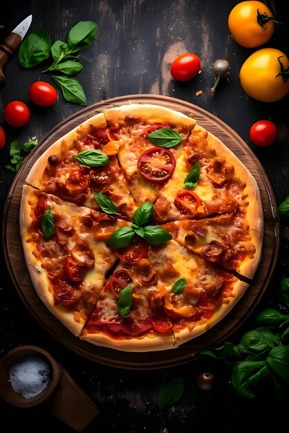 Photo of pizza on wooden board and table top view