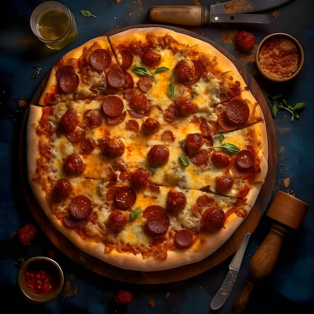 Photo of pizza on wooden board and table top view