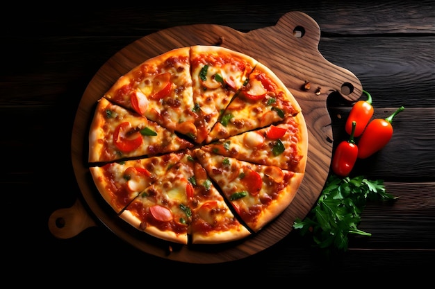 Photo of pizza on wooden board and table top view
