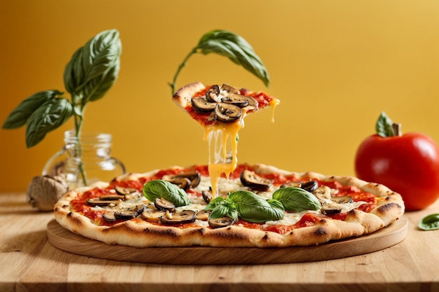 photo pizza in yellow background