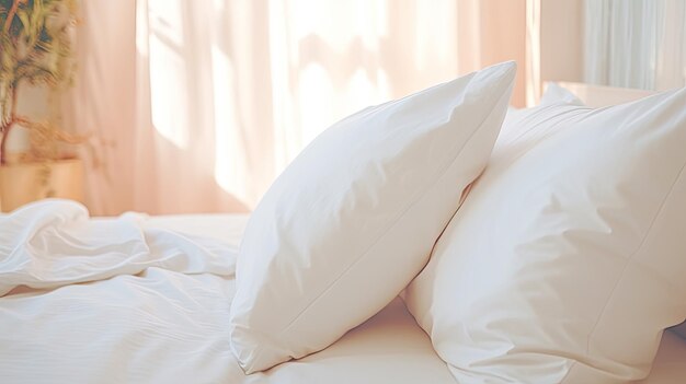 A photo of a plain white pillow on a bed minimalistic interior