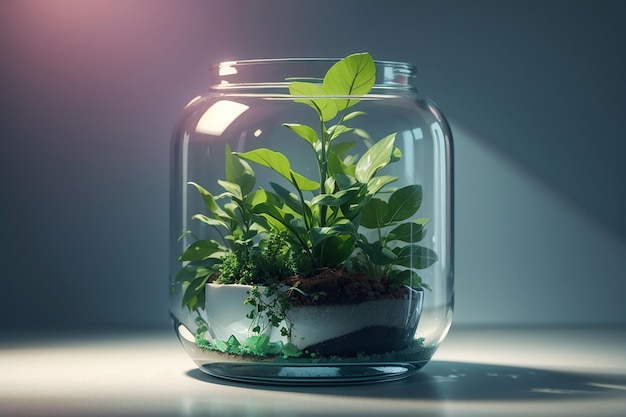 Photo a plant growing in a glass jar with a plant growing out of it