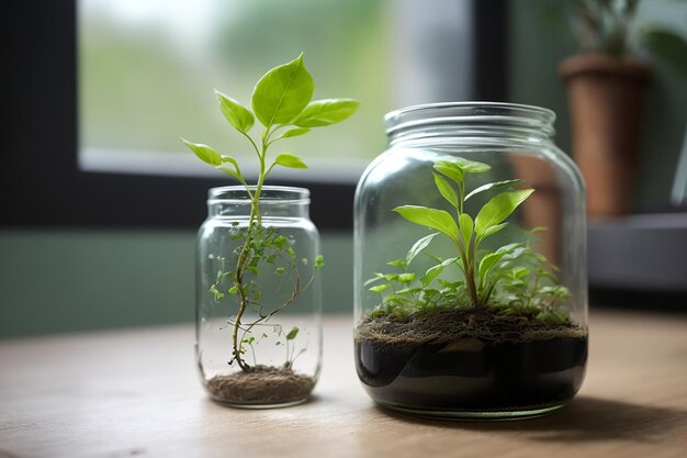 Photo a plant growing in a glass jar with a plant growing out of it