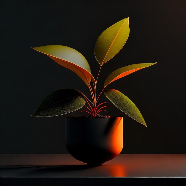 Photo A plant in a pot with the light on