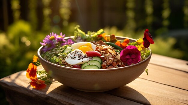 Foto una foto di una ciotola di cereali a base vegetale in un contenitore ecologico