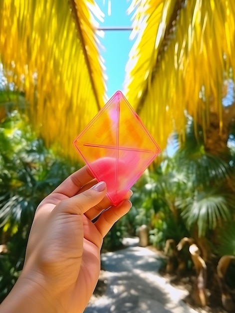 Photo of plastic triangular card affixed to palm tree branches with v blank white design shape art