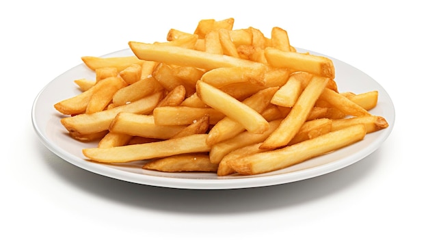 A photo of a plate of crispy french fries full length photo