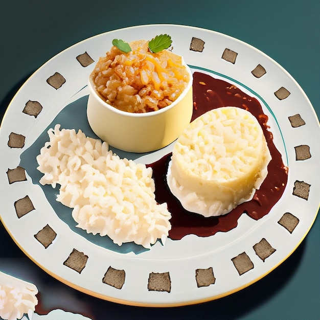 Photo a plate of food with a plate of rice pudding on it