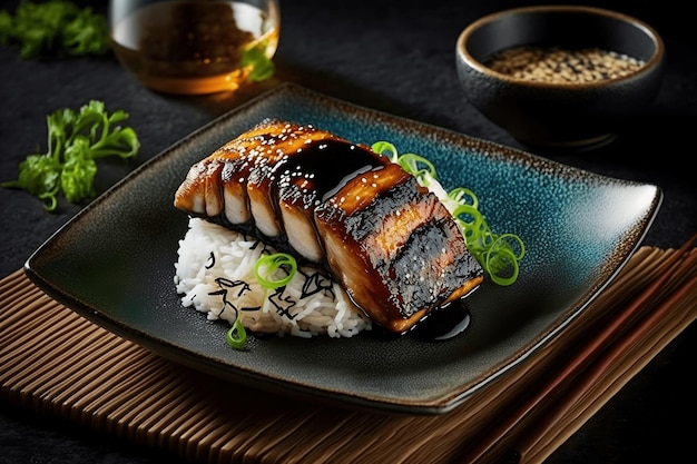 photo a plate of food with a plate of salmon and rice