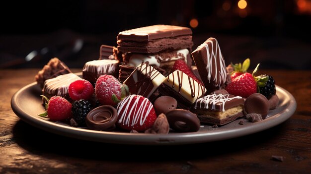 Photo a photo of a plate of gourmet chocolate desserts