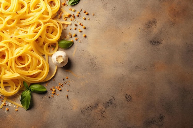 A photo of a plate of pasta with garlic and basil on it.