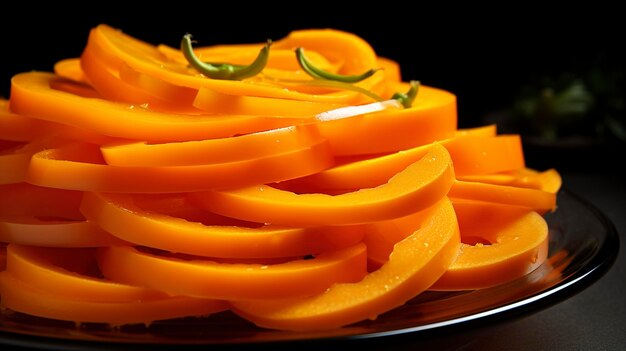 A photo of a plate of sliced orange bell peppers