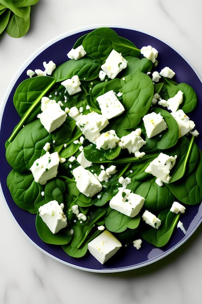 Photo plate of spinach salad with feta cheese and feta cheese background image